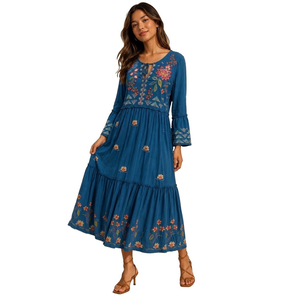 Johnny Was Bluebelle Embroidered Teal  Maxi Dress S Bell Sleeve Peasant Tiered